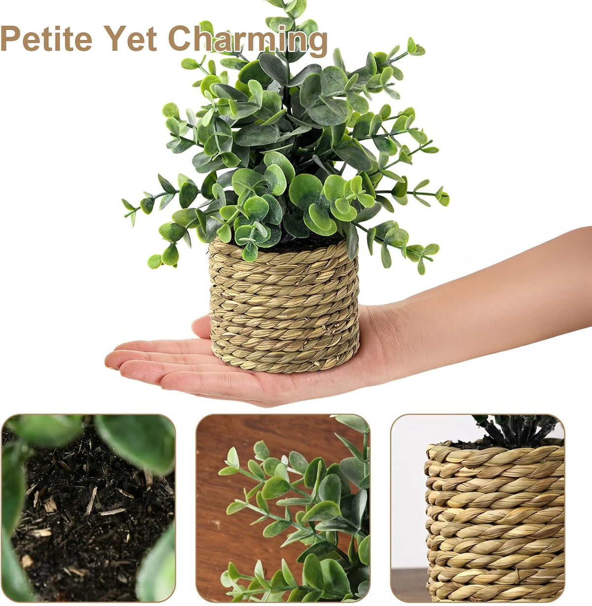 Small Fake Plants, 3 Pack Artificial Potted Plants with Seagrass Pots