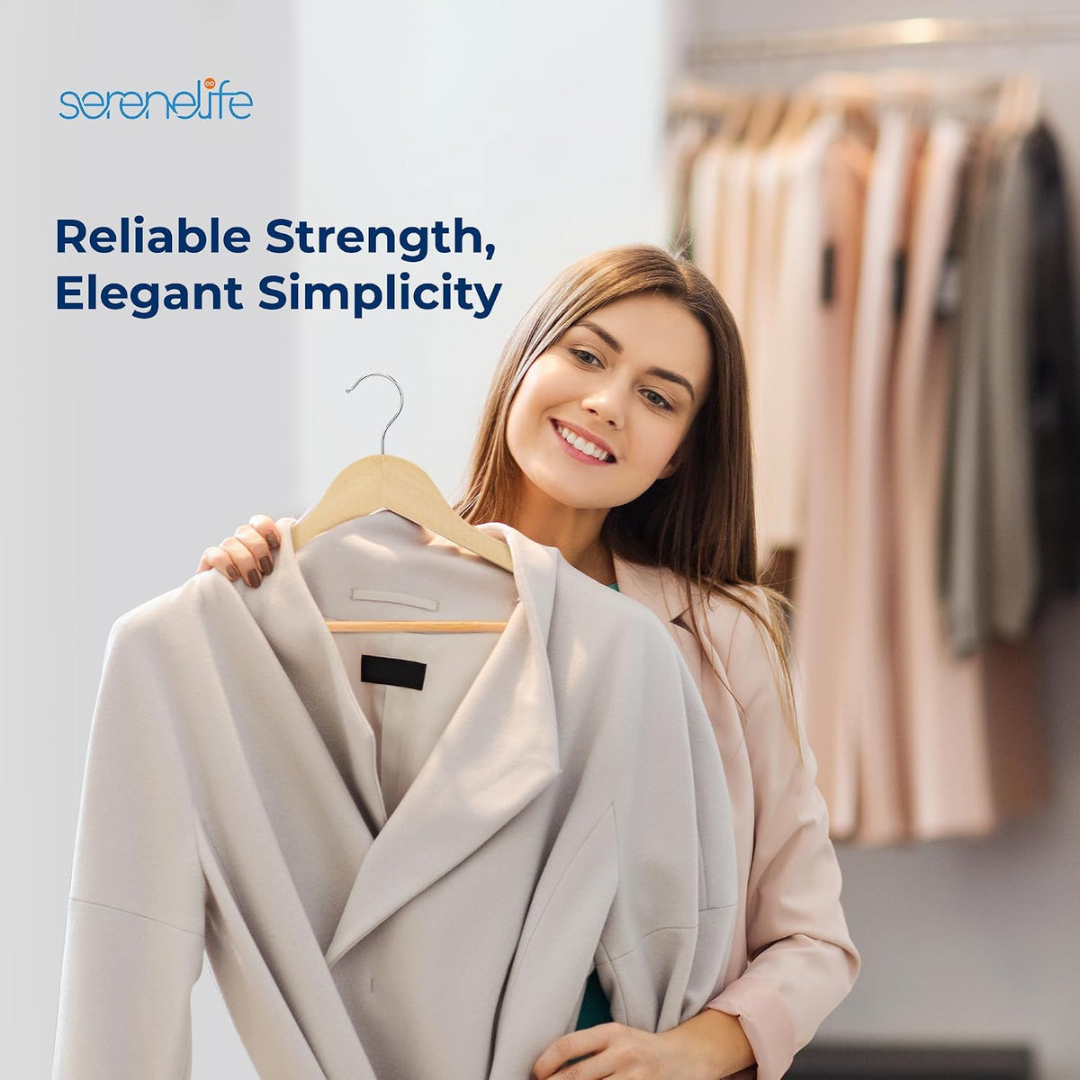 SereneLife 80 Pack Wooden Clothes Hangers | Keep Suits, Coats, Pants & Dresses Neatly Organized | Solid Wood, Pants Bar, Notches, 360° Swivel Hook, 0.47-Inch Profile, Natural Wood Grain | Natural