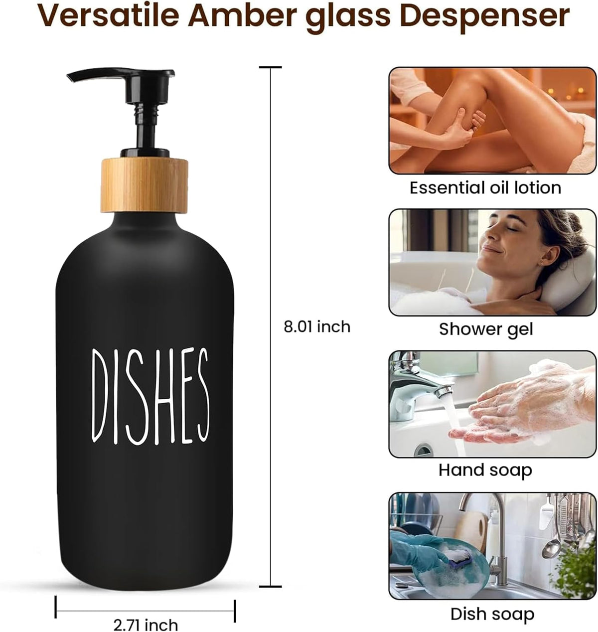 Sunrise Premium Black Glass Soap Dispenser, Bamboo Pump with Tray, 2 Pack