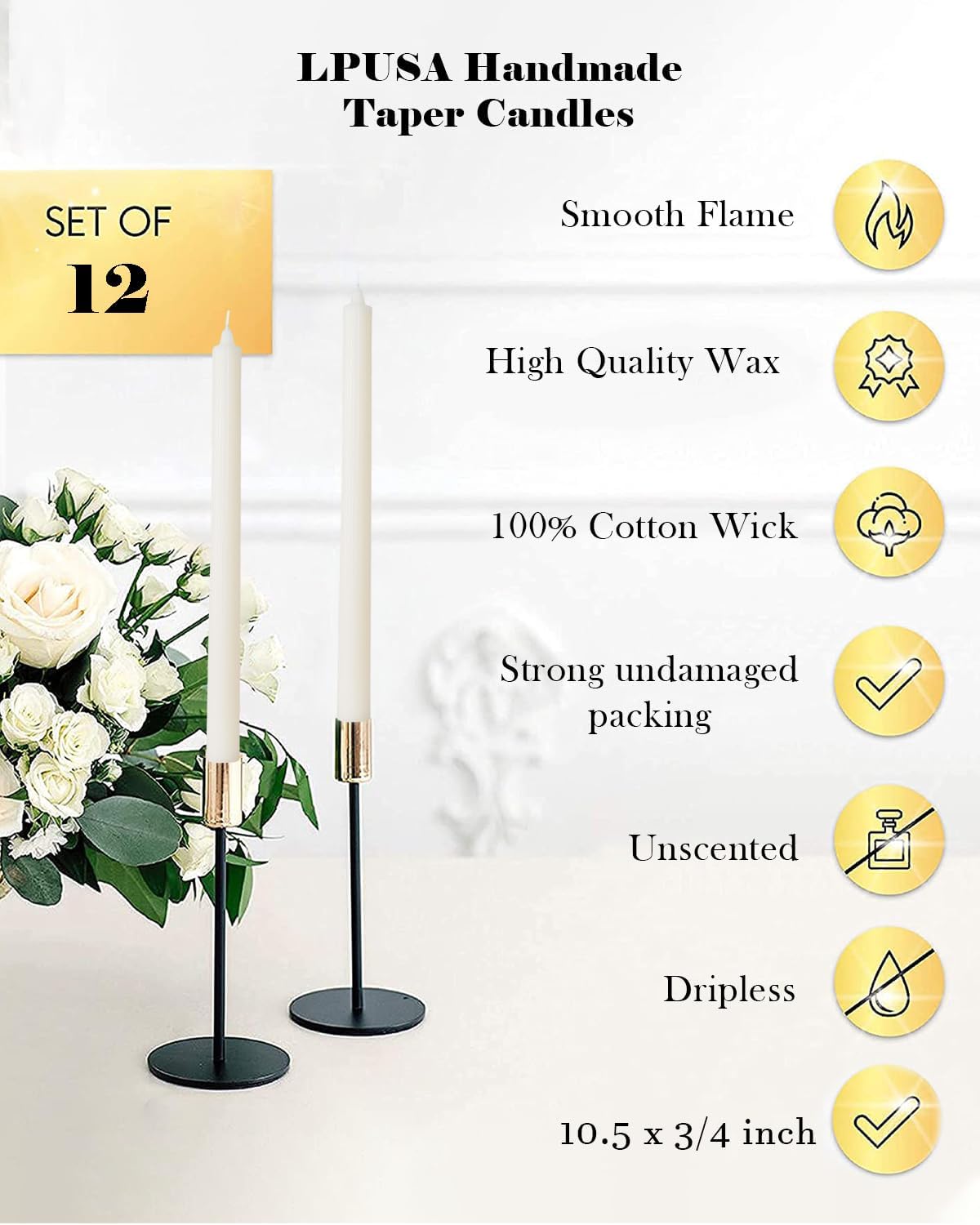 Sahara Beige Taper Candles Ribbed Dripless Tapered Candles Ideal as Dinner Candle Smokeless and Unscented Candle Sticks Long Burning,10.5 inch,Set of 12