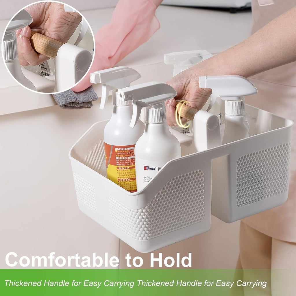 Plastic Shower Caddy Portable Shower Basket with Bamboo Handle, White