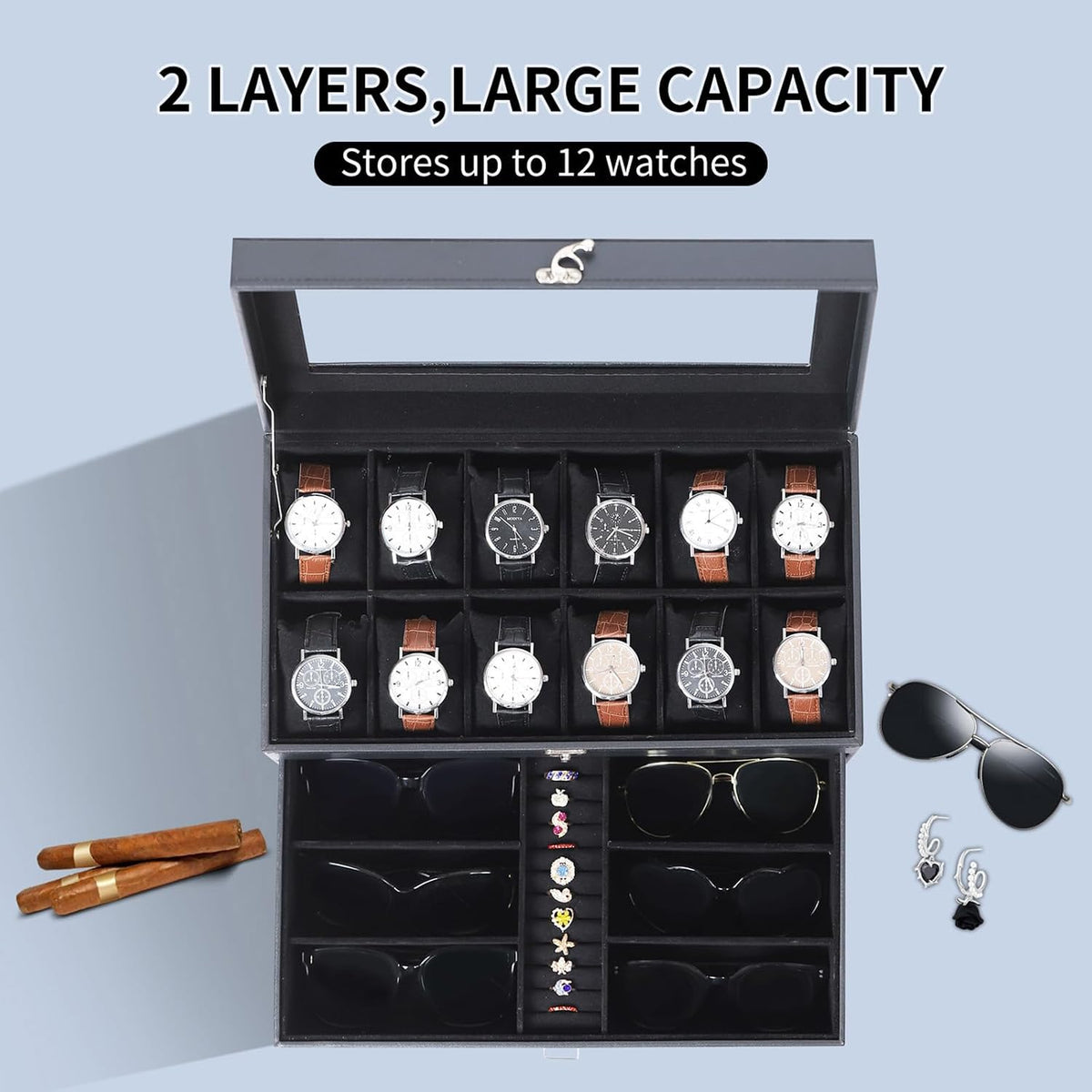 AUTOARK Leather & Velvet Watch Box & Sunglass Organizer,Black,MKAW039