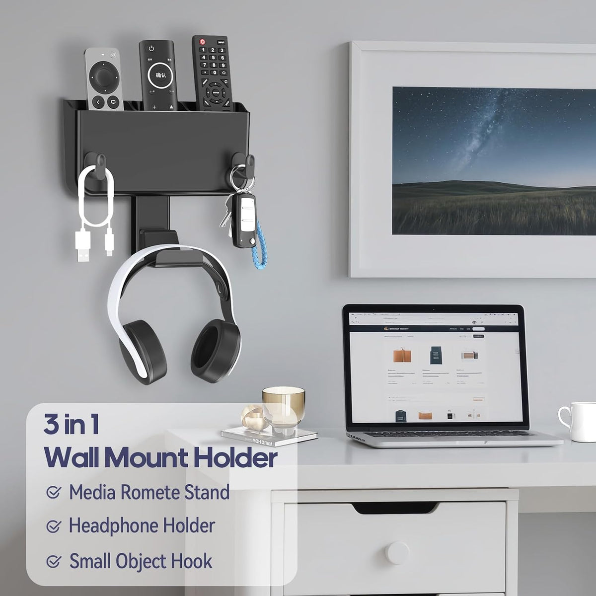 Kytok Adhesive Remote Control Holder Wall Mount with Headset Hanger, 3 in 1 Organizer TV/Fan Remote Caddy with Hook for Headphone, No Drill Controller Storage Bracket, Bed Wall Rack