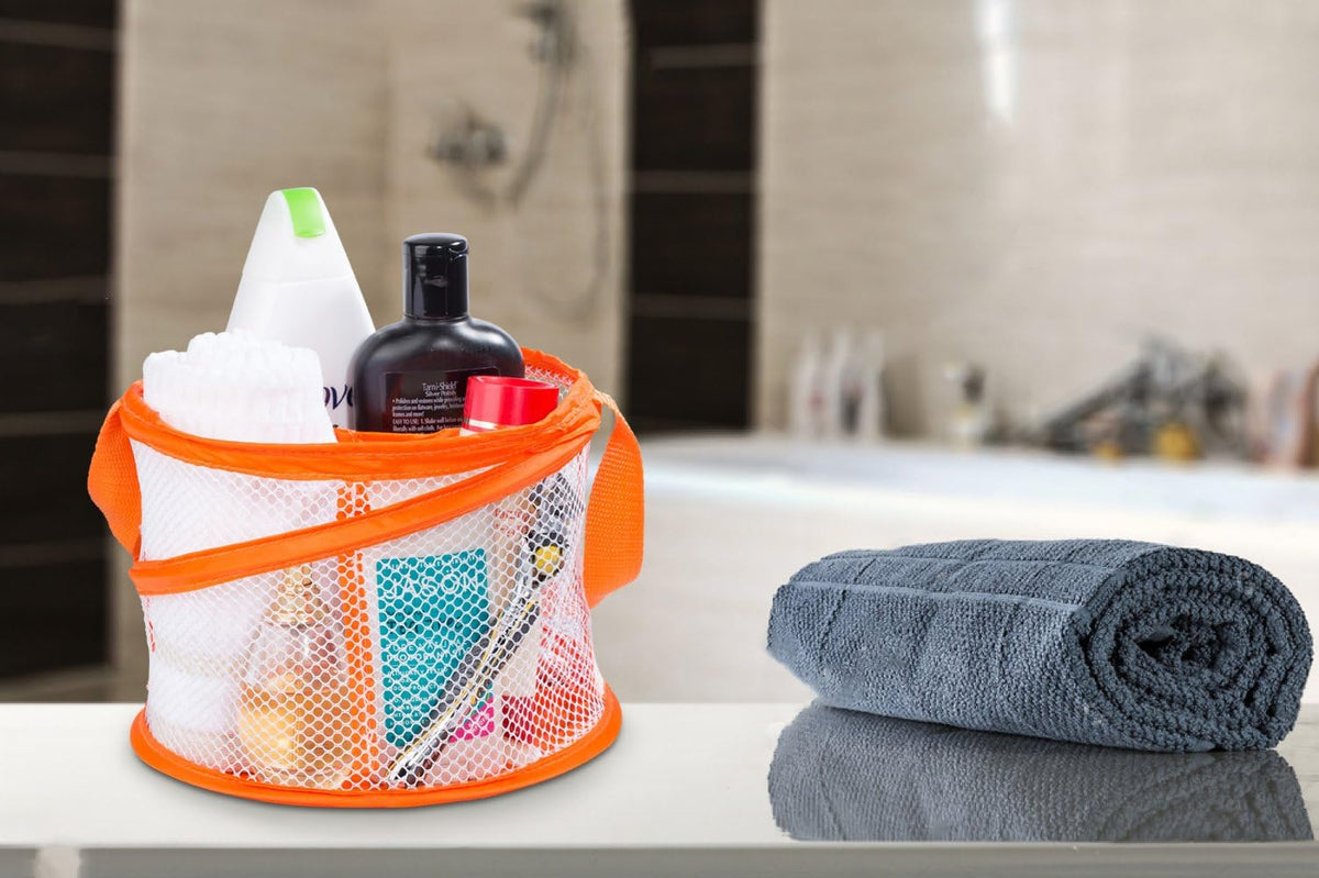 Handy Laundry Portable Shower Caddy – Collapsible Mesh Organizer with Handle, Quick Dry, Large Compartments for Dorm, College, Gym, Travel, Camp, Bathroom Essentials (Orange)