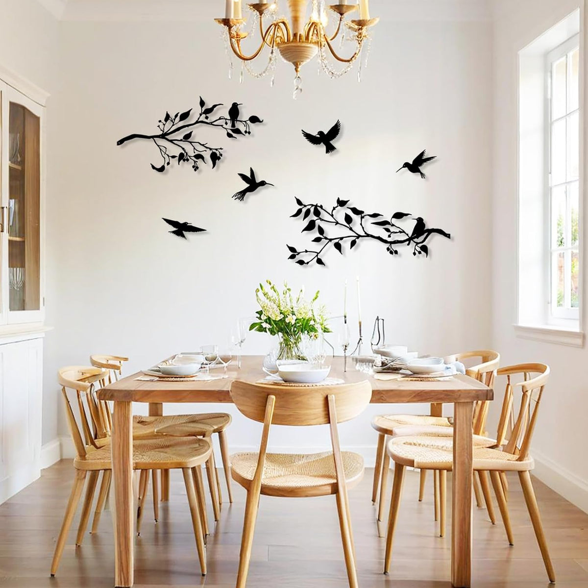 Harikikochuu 4PCS Large Birds on Branch Metal Wall Art Decor,Black Leaves with Birds Silhouette Art Metal Leaves with Hummingbirds Outdoor Wall Decor for Livingroom Balcony Garden Patio Decor.
