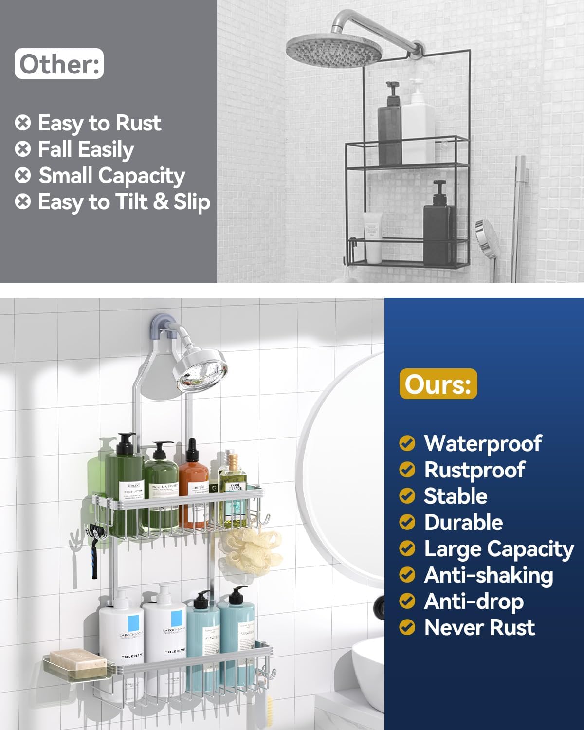 YASONIC Never Rust Shower Caddy Hanging, Aluminum Shower Racks for Inside Shower, 2-Tier Shower Organizer Hanging Over Shower Head with Hooks and Soap Holder, Silver
