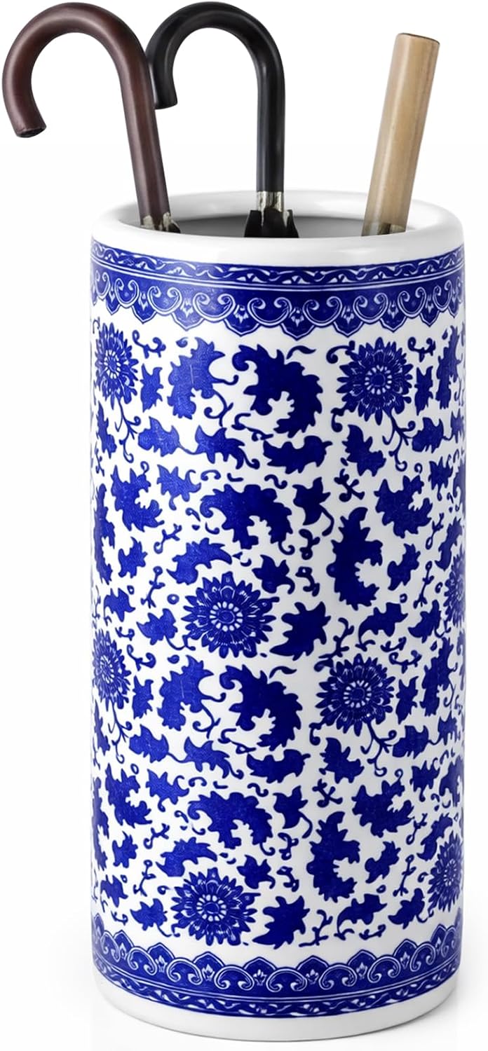 Sawysine Blue White Ceramic Umbrella Stand with Lotus in Vine Design