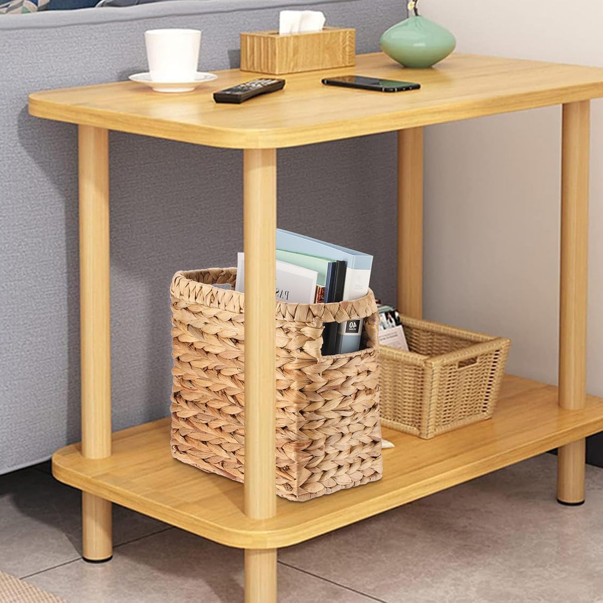 BTSKY Woven Magazine Holder, Water Hyacinth Magazine Basket, Natural Narrow Storage Basket Bin for Books & Files, Magazine Rack with Built-in-Handle for Home, Office & Desk - 11.4x5.9x10.6 Inch
