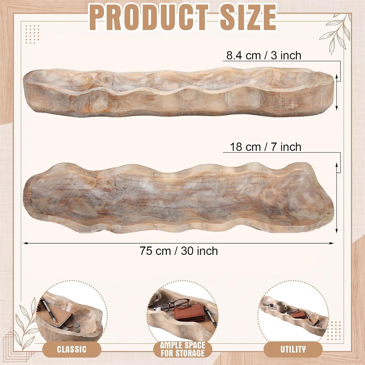 Nuogo 1 Pcs 30 Inch Wooden Decorative Dough Bowl, Wave Shaped