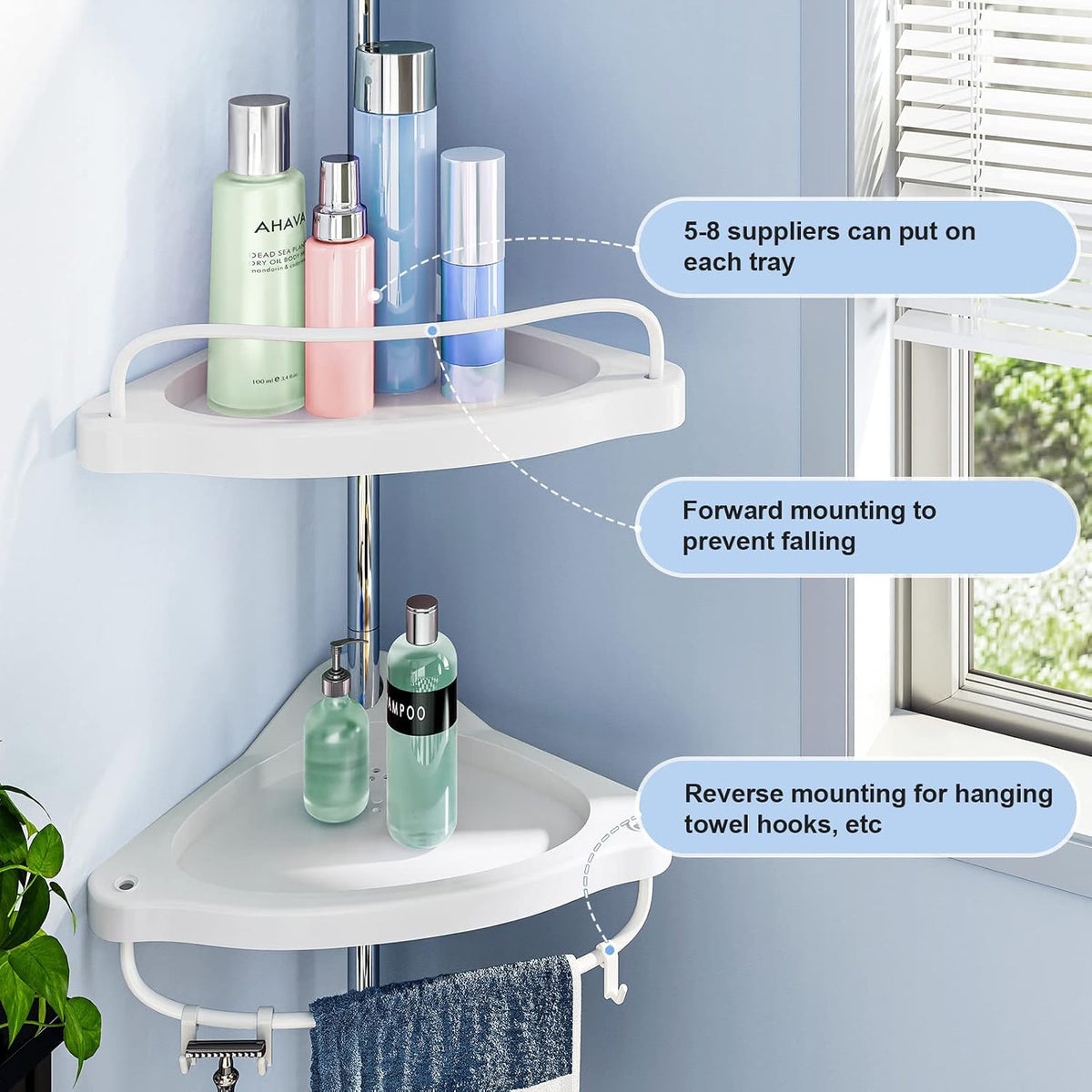 HAMITOR Corner Shower Caddy Tension Pole: Adjustable Stainless Steel Shower Organizer with 4 Tier Shelf for Bathroom Bathtub Tub Shampoo - Floor Standing Rack Bath Storage Holder with Rust Proof Rods