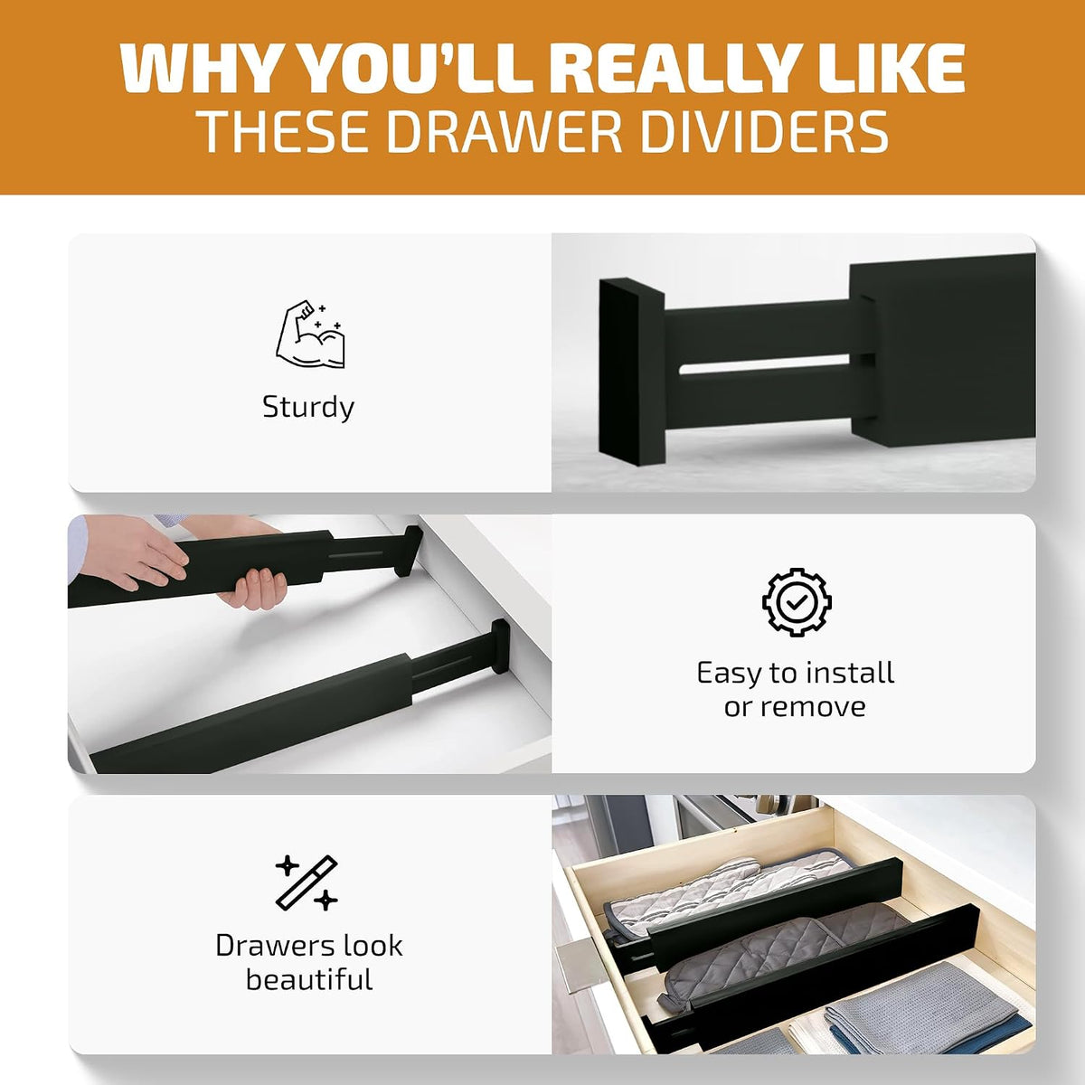 6-Pack Drawer Dividers 2.6-Inch High Dresser Organizer 16 to 22 Inch, Black