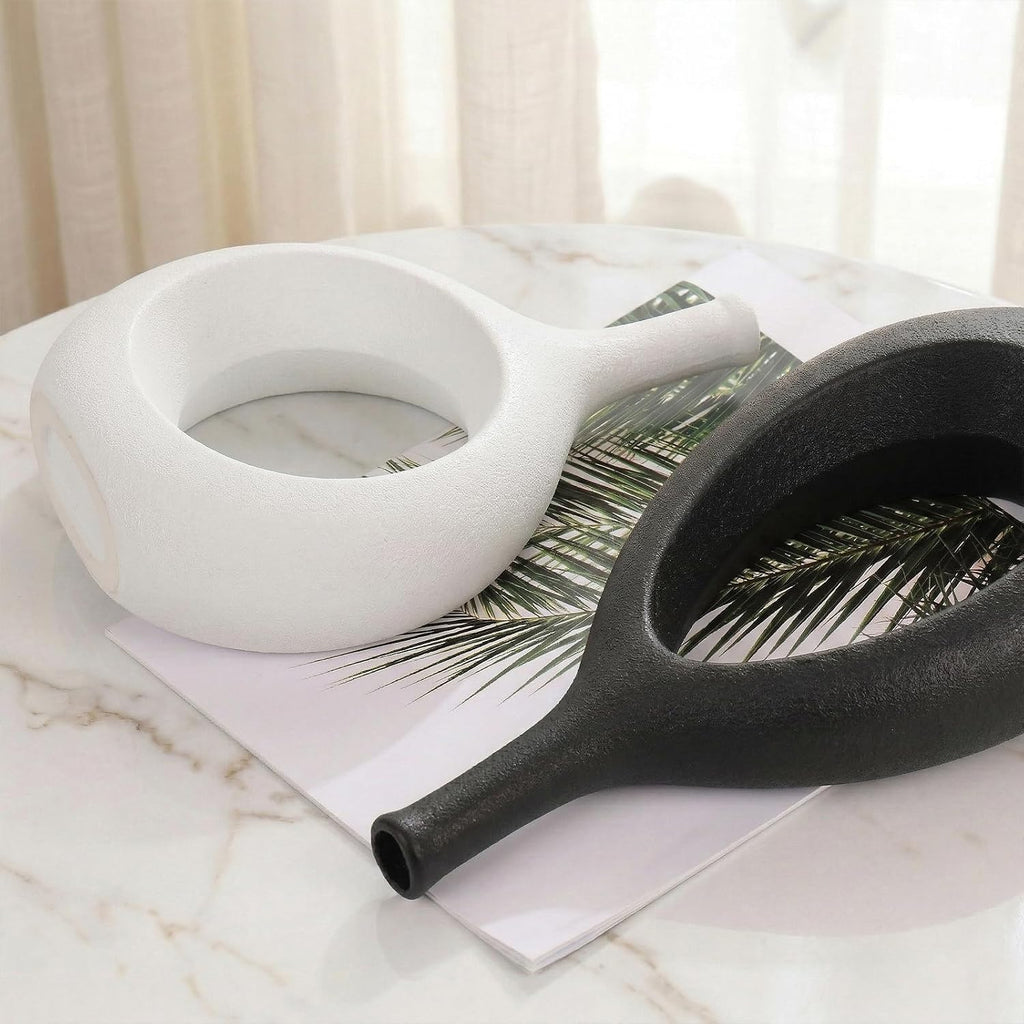 Black and White Ceramic Hollow Elliptical Vase Set of 2 - Boho Circle Vase with Hole, for Modern Black and White Table Decor, Living Room Decor Shelf mid Century Modern Home Entrance Decorative vase