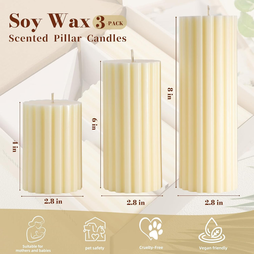Ribbed Soy Pillar Candles,Set of 3,Cashmere Amber Scented