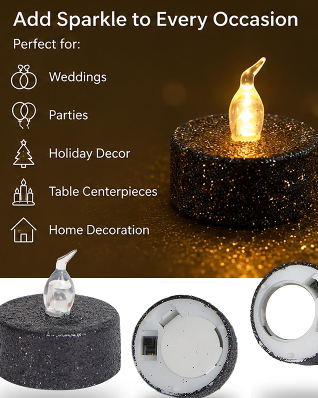 12PCS Black Glitter Tea Lights Canldes Battery Operated with Timer