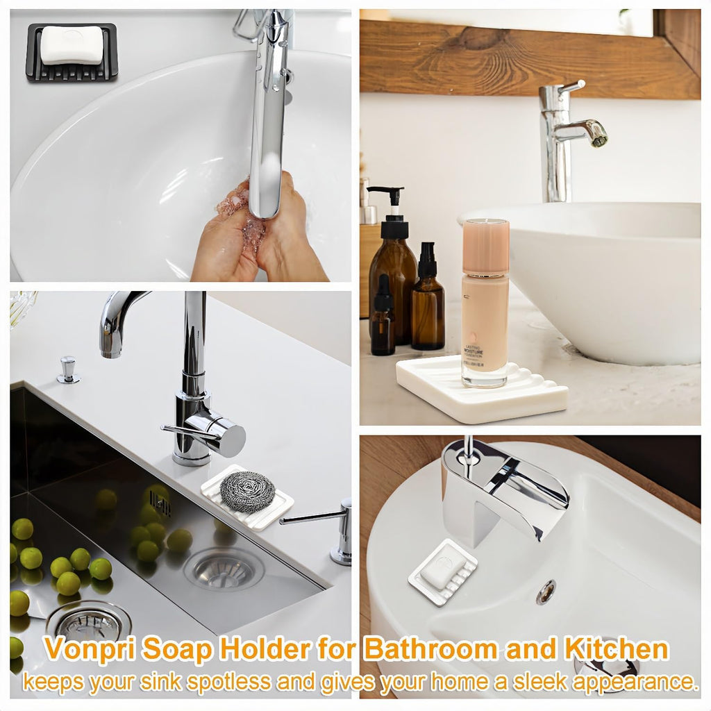 Self Draining Soap Dish, Ceramic Soap Holder for Shower, Vonpri Waterfall Bar Soap Case Saver Tray Sponge Organizer Keep Dry for Bathroom Kitchen Counter Sink (1, Black)