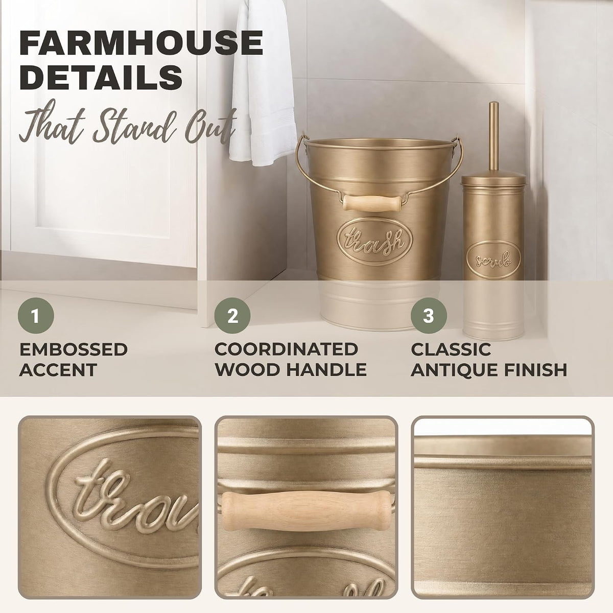 Autumn Alley Rustic Farmhouse Bathroom Trash Can and Toilet Brush Set - Rustic Bathroom Accessories for Charming Bathroom Décor, Antique Gold, 2 Gal. Capacity