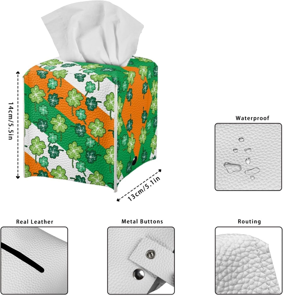 Happy St.Patrick's Day Napkin Tissue Box Cover PU Leather Modern Cube Tissue Case Holder for Bedroom Dresser, Tabletop, Nightstand, Dining Table Home Decoration,Green