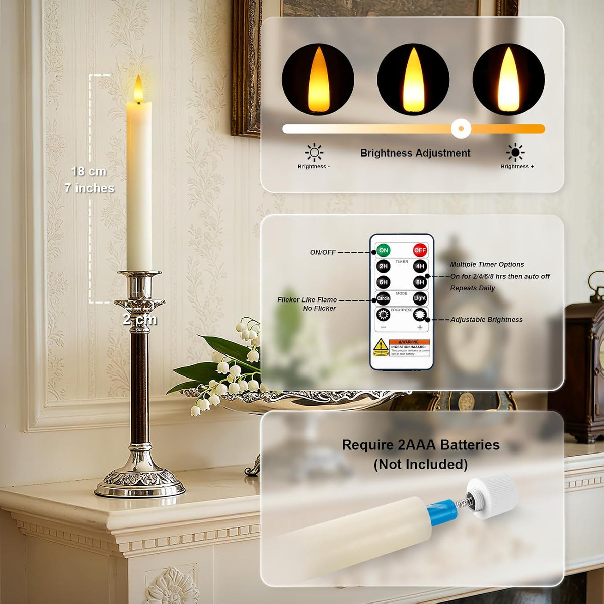 7 Inches Flameless Taper Candles with Remote Timer, Real Wax Ivory Short Led Candlesticks, 3D Wick Light Battery Operated Candlesticks for Christmas Home Wedding Table Decor, 6 Pcs