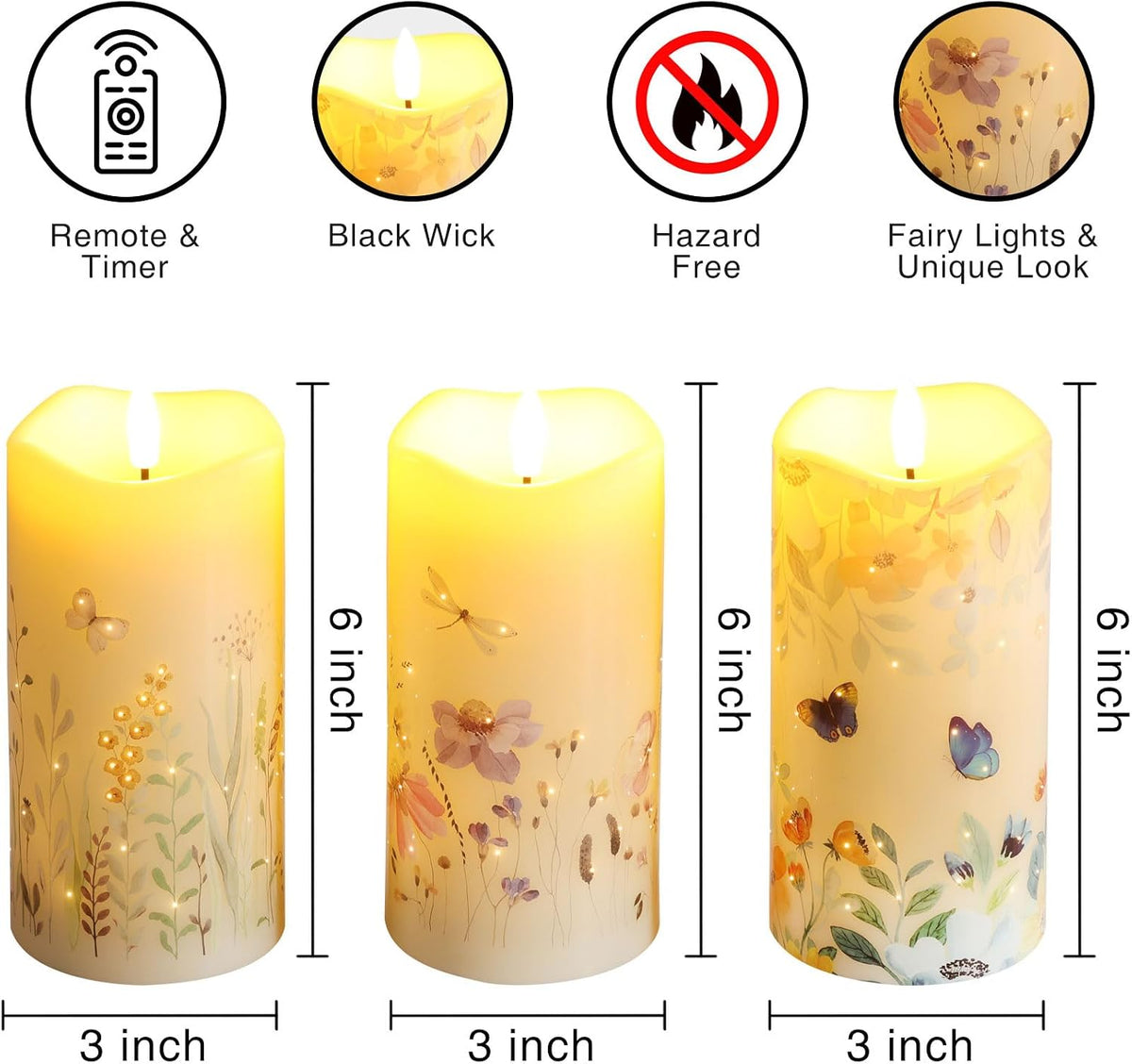 Eywamage Butterfly Fiber Optic Flameless Pillar Candles with Remote 3 Pack