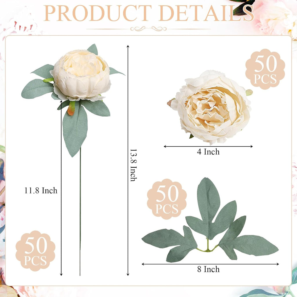 50Pcs Artificial Peonies Flowers Bulk, 4’’ - Champagne