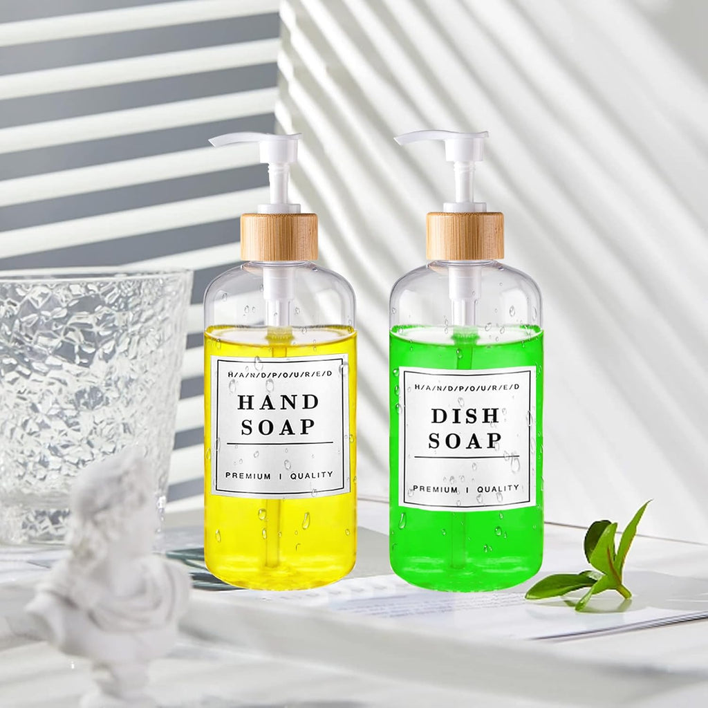 Clear Plastic Soap Dispenser Set - 16oz Refillable for Kitchen, Bathroom Shampoo & Conditioner