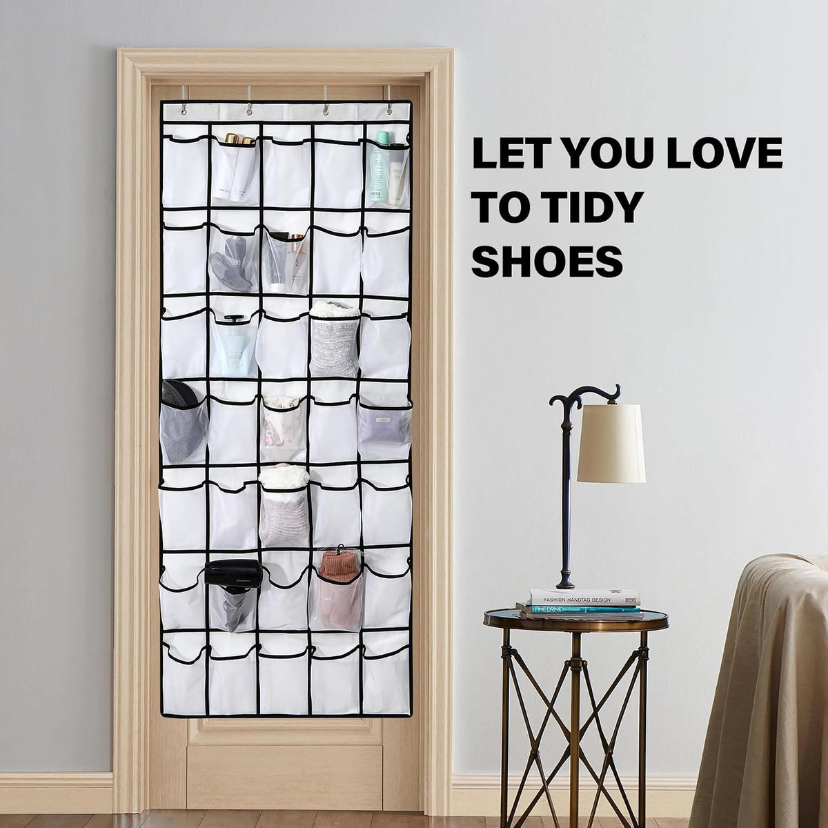 35 Pocket Over Door Shoe Organizer with 4 Metal Hooks（White）