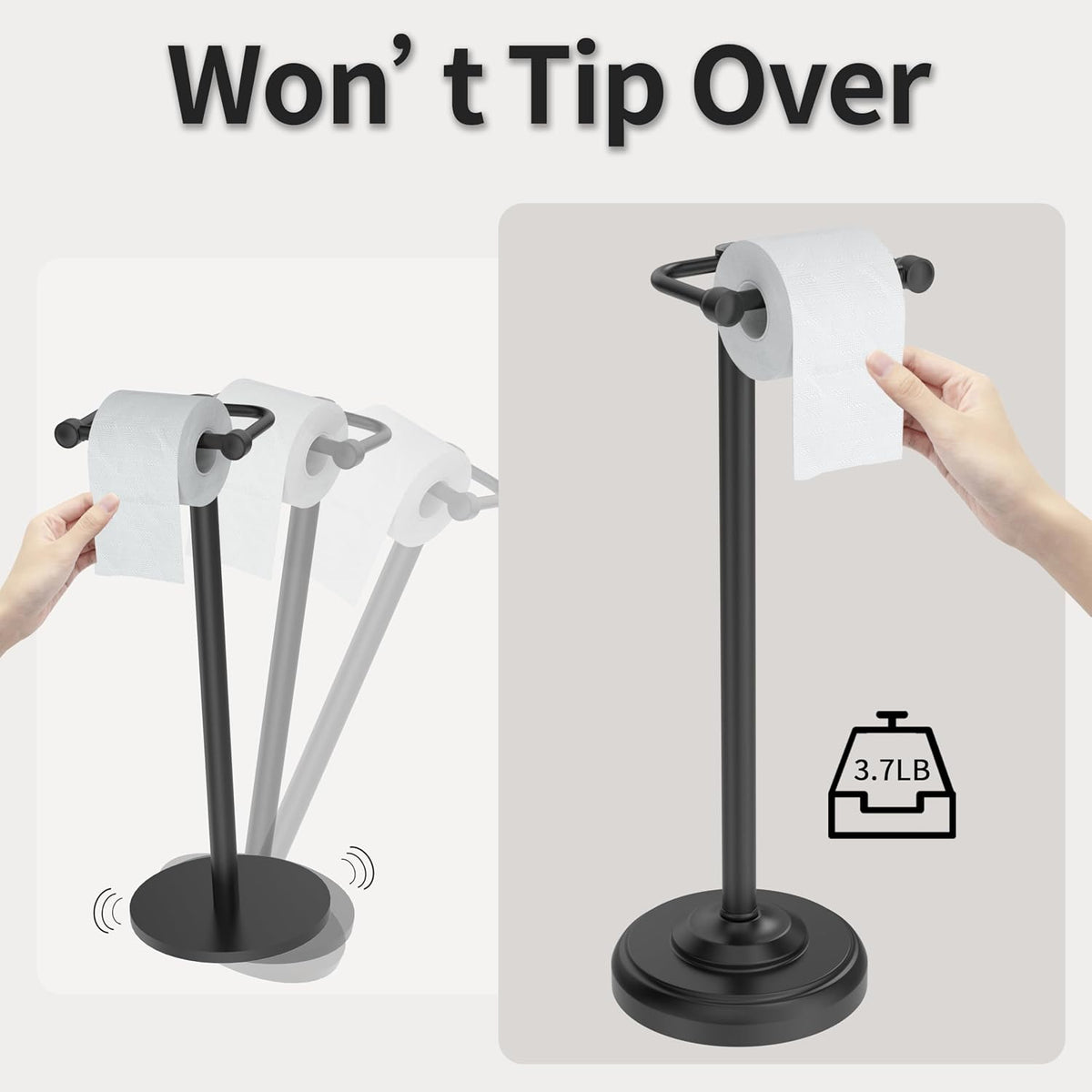 Toilet Paper Holder Stand, Matte Black Toilet Paper Holder Free Standing,Post Pivoting Design & Stable Weighted Base SUS304 Stainless Steel for Bathroom
