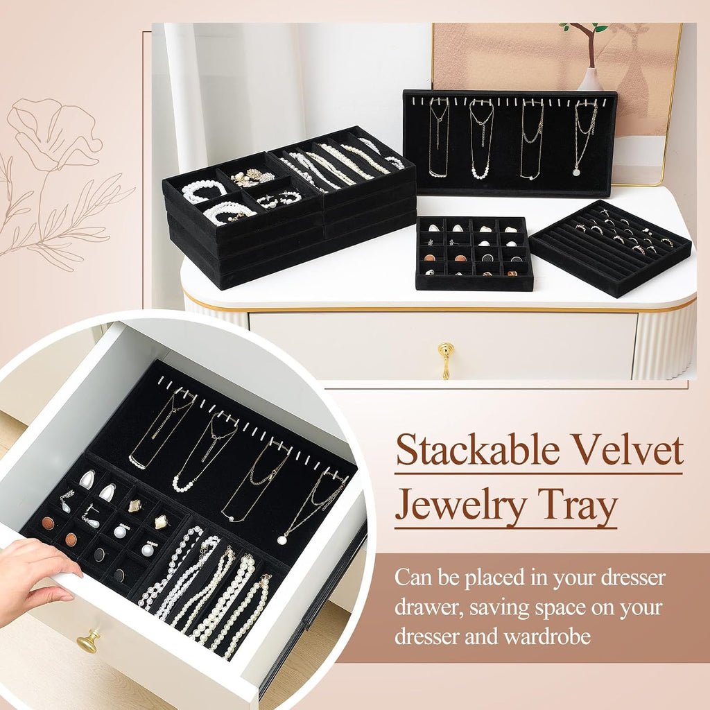 Cinnvoice Set of 10 Stackable Jewelry Organizer Tray for Drawer, Black