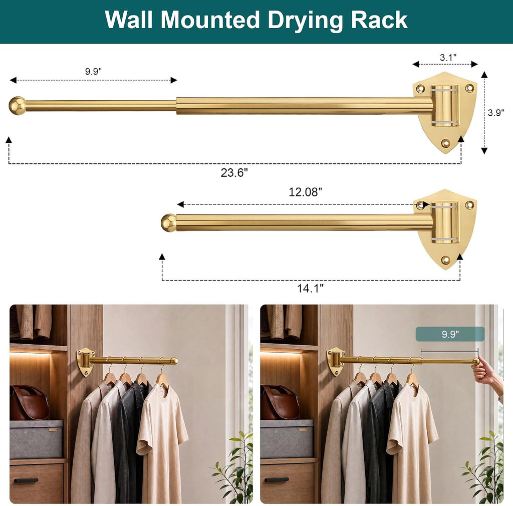 12" Wall Mounted Drying Rack, Foldable & Pull-Out Clothes Hanger, Brushed Gold