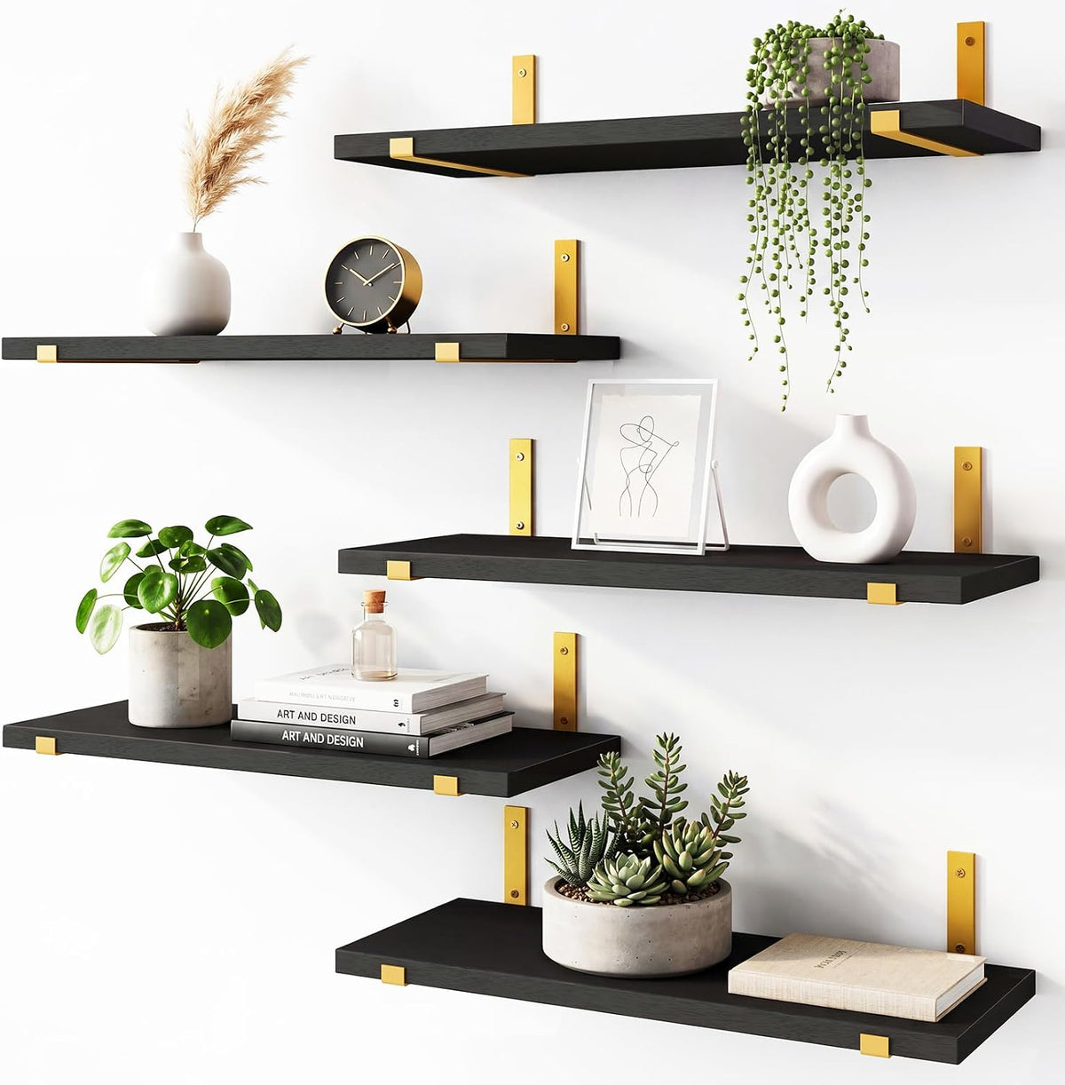 Fixwal Width 4.75 Inches Floating Wall Shelves, Set of 5, Black Gold