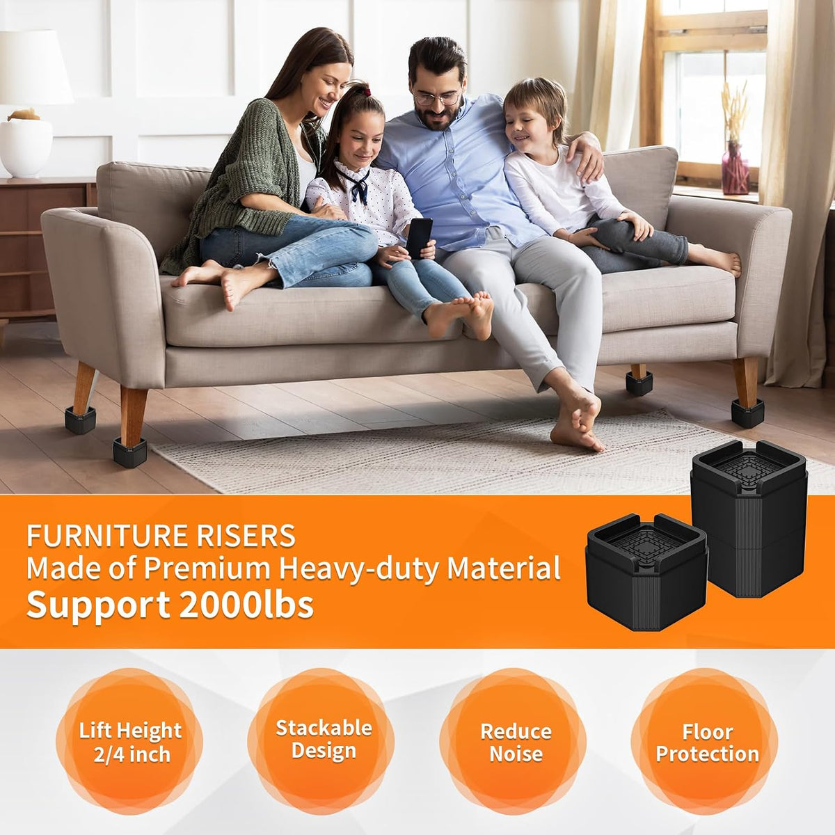 8 Pack Furniture Risers Adjustable Bed Risers Lift 2, 4, 5.9 Inch