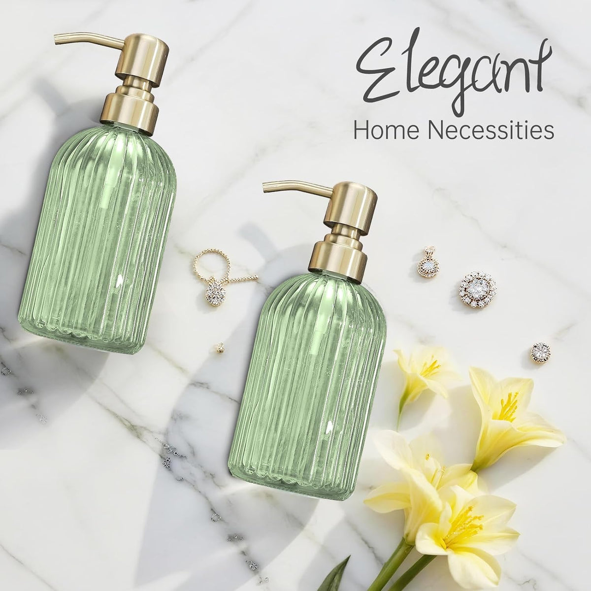 Avola Green Glass Soap Dispenser, Vertical Stripes Bathroom Hand Soap Dispensers with Brushed Gold Pump, 16 Oz Glass Kitchen Dish Soap Dispenser,Stainless Steel Liquid Green Soap Dispensers