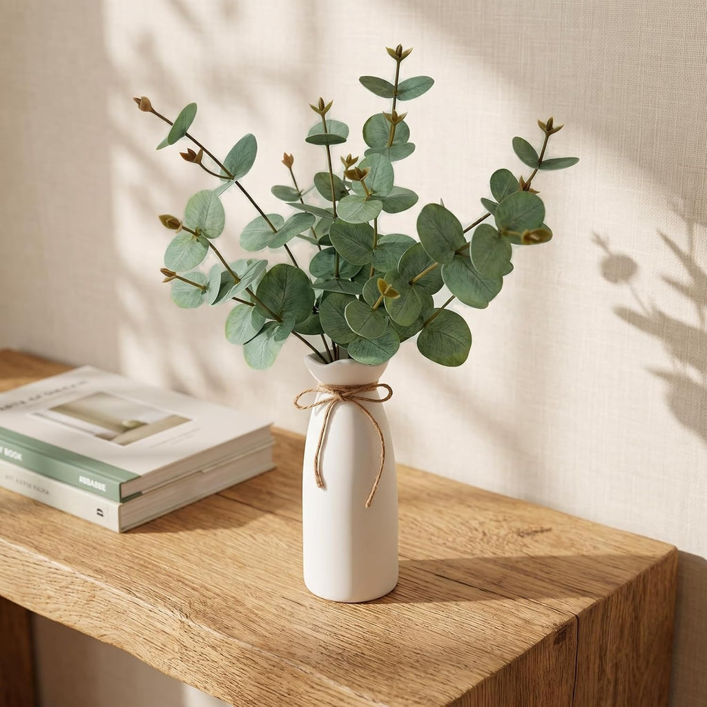 Artificial Eucalyptus Stems with Vase, 18" Fake Plant Greenery Branches Golden Leaves Faux Eucalyptus Stems for Home Office Farmhouse Wedding Table Centerpiece Décor