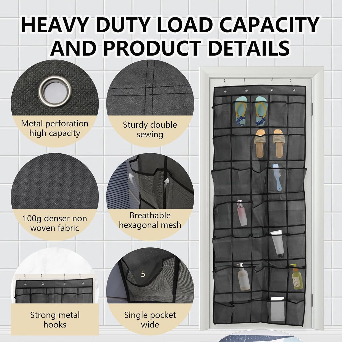Over the Door Shoe Organizer, 35 Mesh Pockets, Gray, 4 Metal Hooks