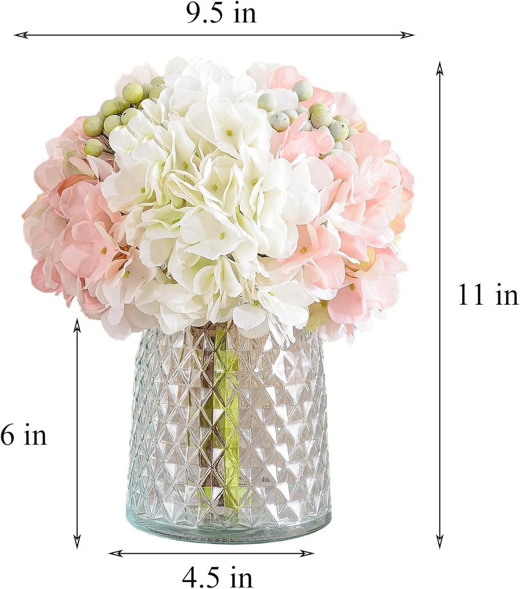 Wracra Hydrangeas Floral Arrangement in Glass Vase; Fake Flowers Pink