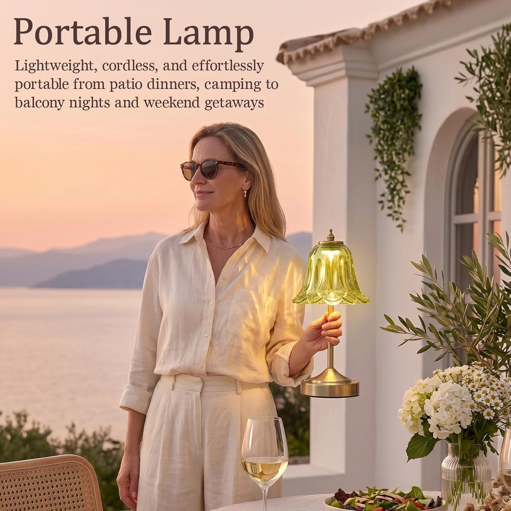 Cordless Table Lamp, Rechargeable Green Glass Tulip Flower Touch Lamp