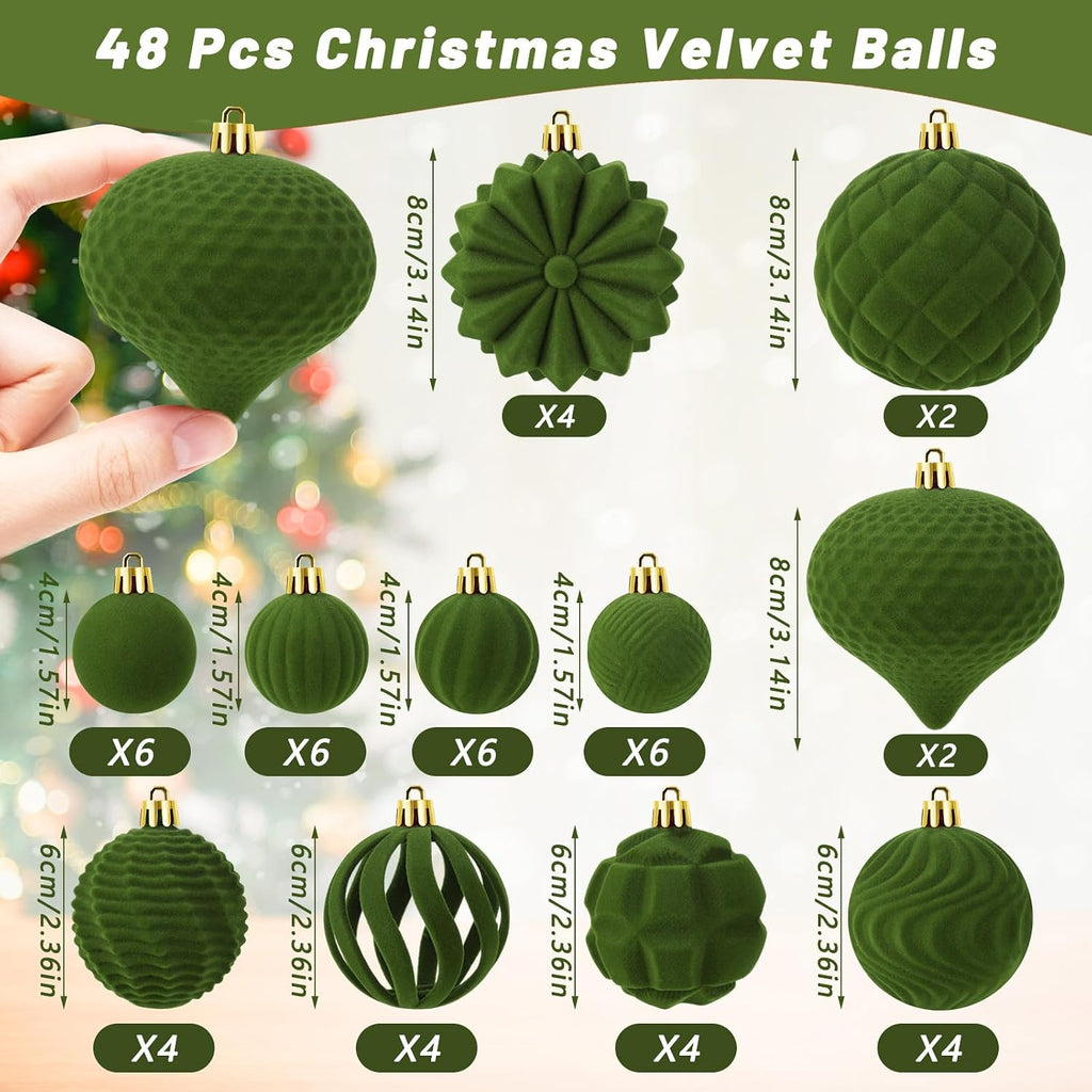 48 Pcs Velvet Christmas Ball Ornaments Set for Xmas Tree Decor(Sage Green)