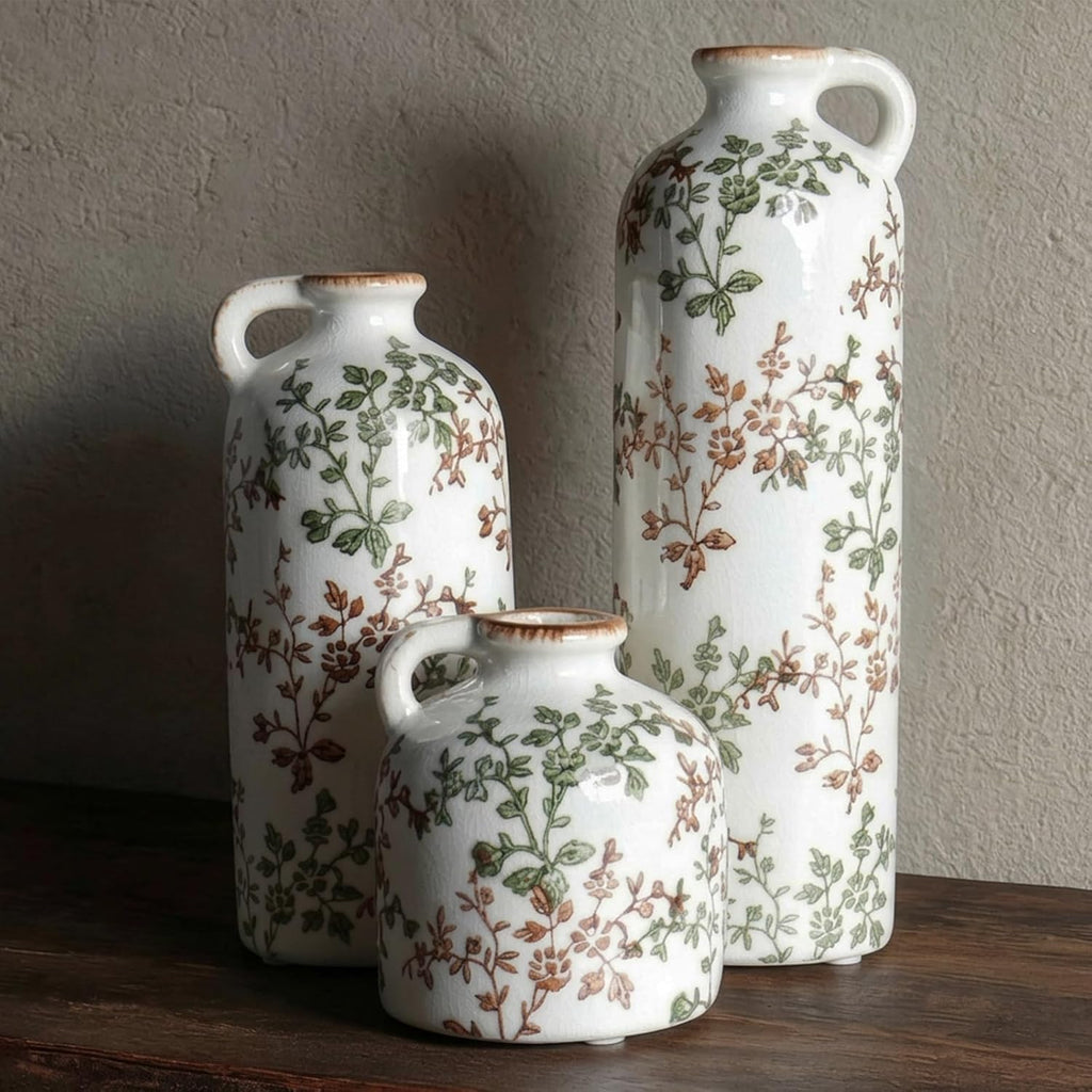Green Floral Vase Set of 3 with Handles, Vintage Ceramic Jugs for Decor