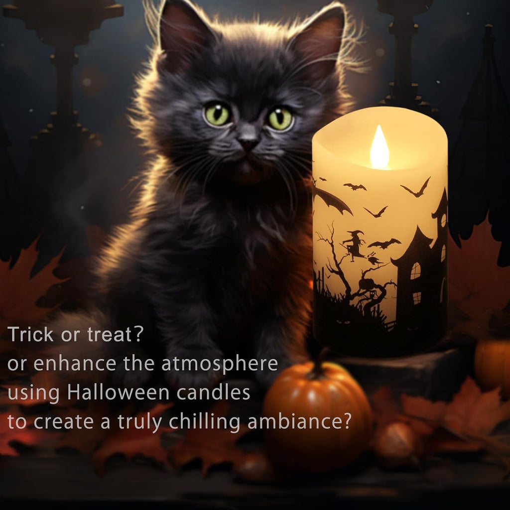 Halloween Flameless LED Candles with Remote Control, 3"x 5"Battery Operated Pillar Real Wax with Timer for Halloween Decorations, Ghost House Candle