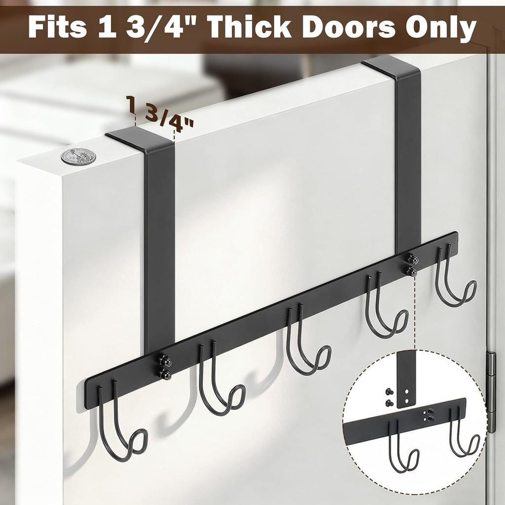 Over the Door Hooks, No Drill Door Towels Hanger, Metal Hanging Towel Holder with 5 Coat Hooks for Bathroom, Bedroom, Kitchen (Matte Black)