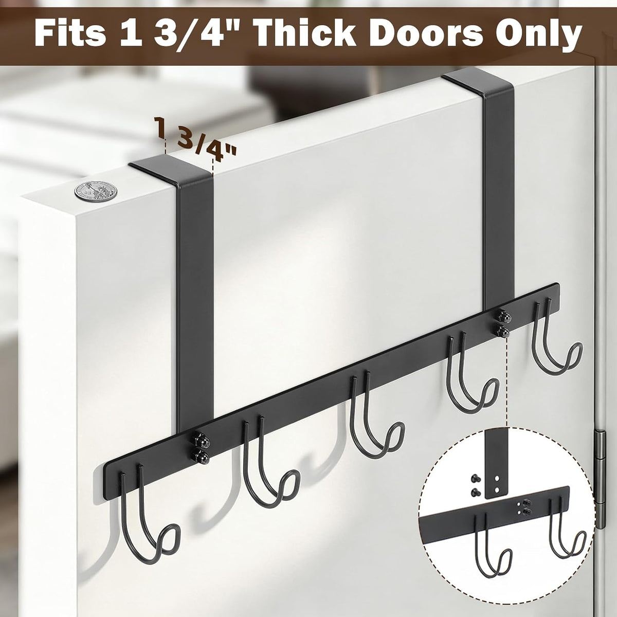Over the Door Hooks, No Drill Door Towels Hanger, Metal Hanging Towel Holder with 5 Coat Hooks for Bathroom, Bedroom, Kitchen (Matte Black)