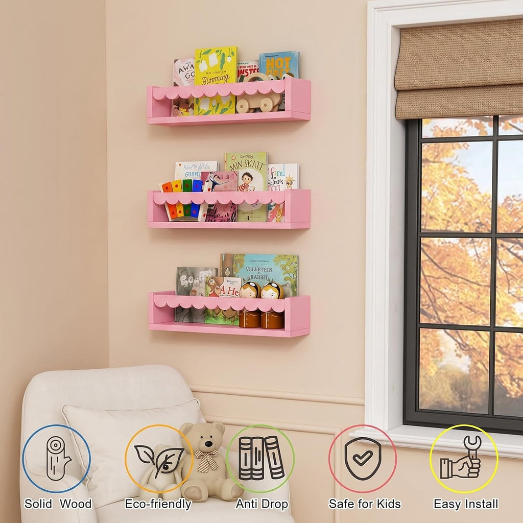 Pink Scalloped Nursery Floating Shelves, Kids Book Shelf Wall Mounted