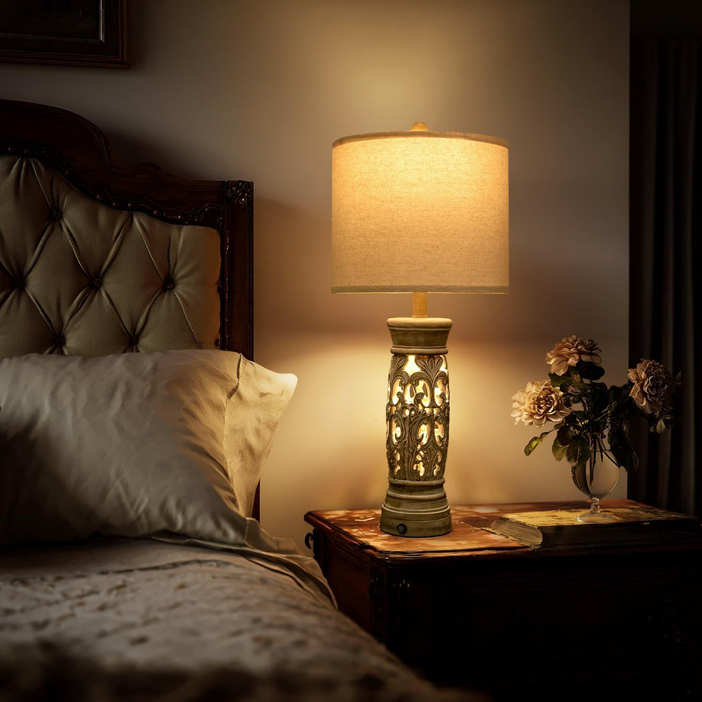 27.25”Farmhouse Table Lamps Set of 2 with Night Light, Rustic Bedside Lamp