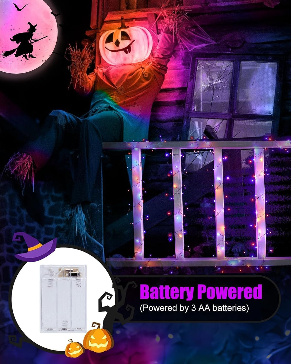 Brightown Halloween Fairy Lights Battery Operated, 10 FT 120LED Firecracker String Lights, Silver Wire Firefly Lights for Bedroom Home Haunted House Indoor Outdoor Holiday Decorations, Orange & Purple