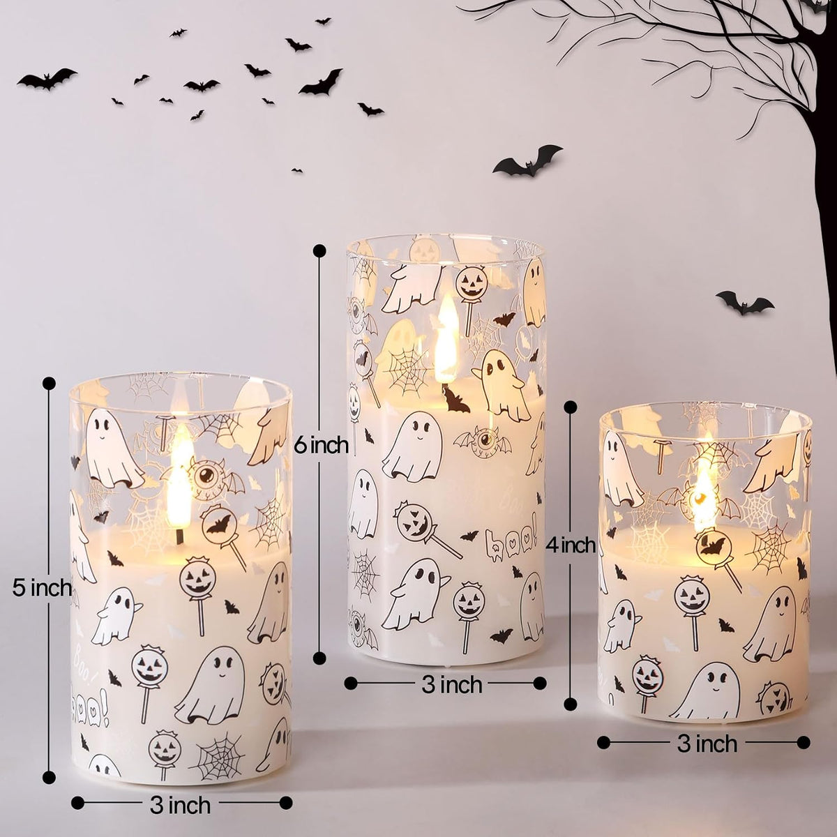 White Ghost Halloween Flameless Pillar Candles with Remote Set of 3