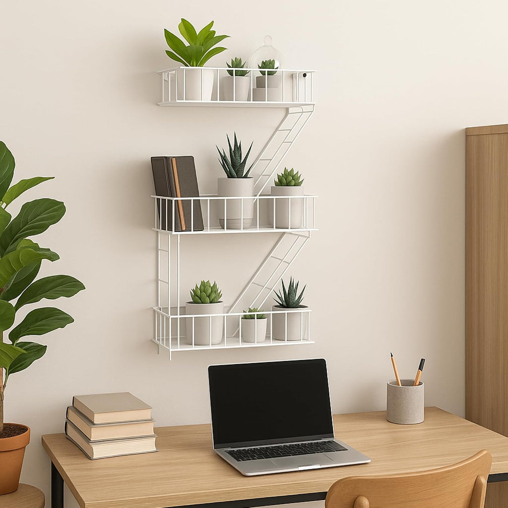Fire Escape Wall Shelf, White Metal Decorative Floating Ladder, 3-Tier