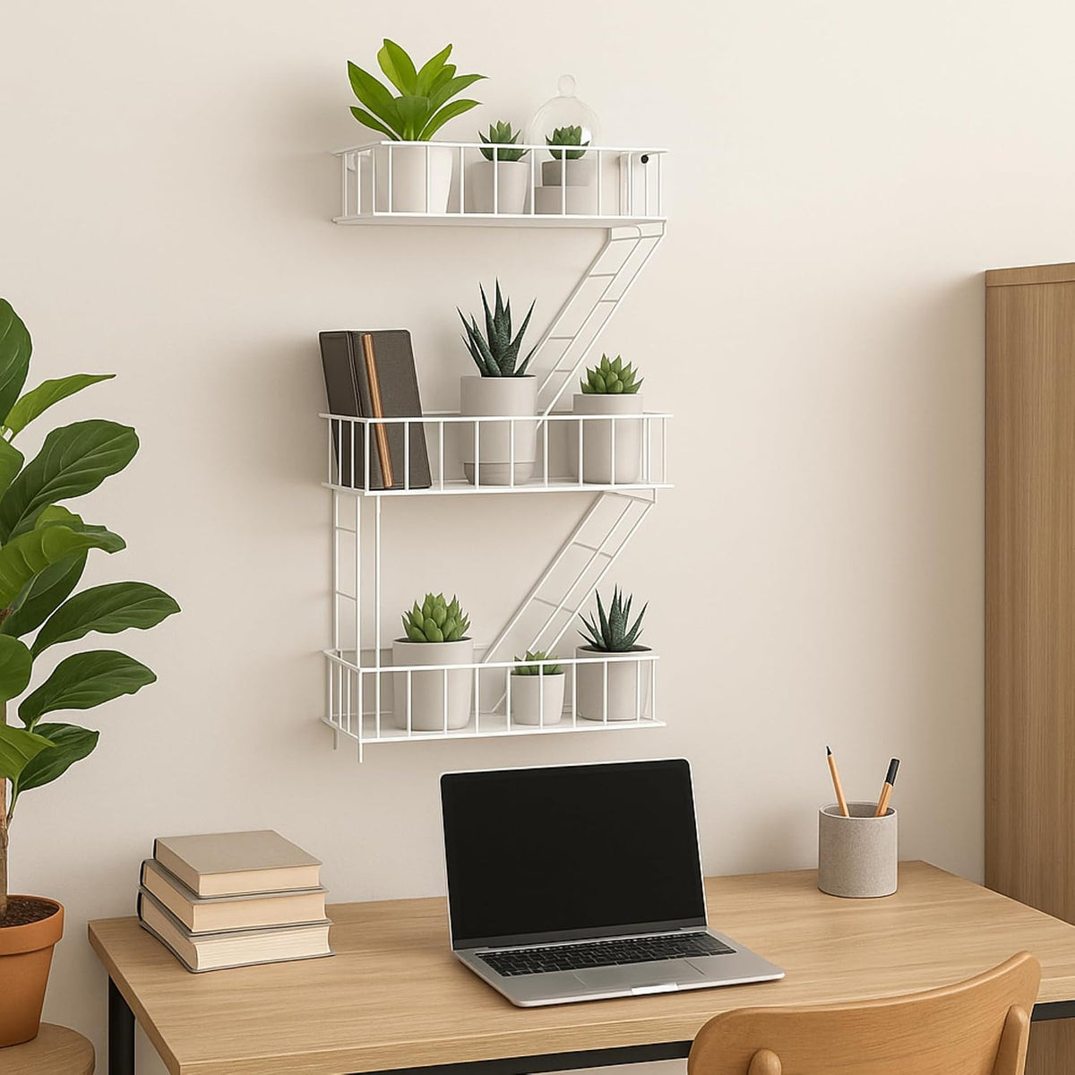 Fire Escape Wall Shelf, White Metal Decorative Floating Ladder, 3-Tier