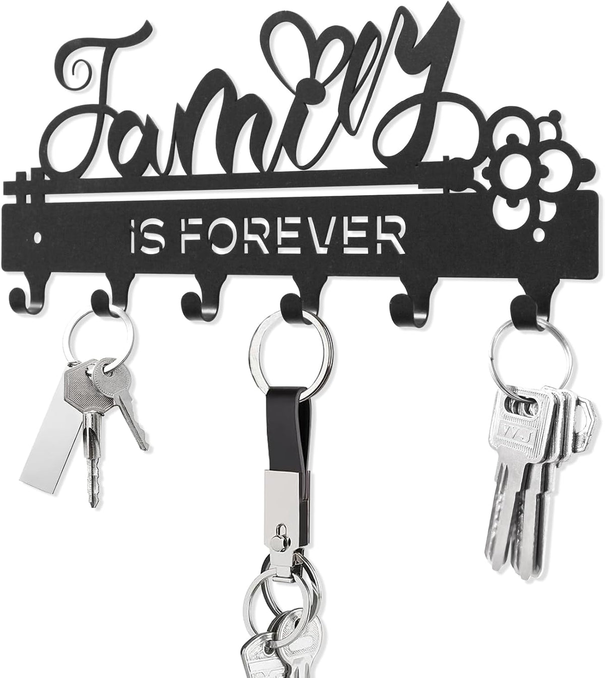 ”Family Is Forever“Key Holder Wall Mounted, Black Metal, Size:11x4.84inches