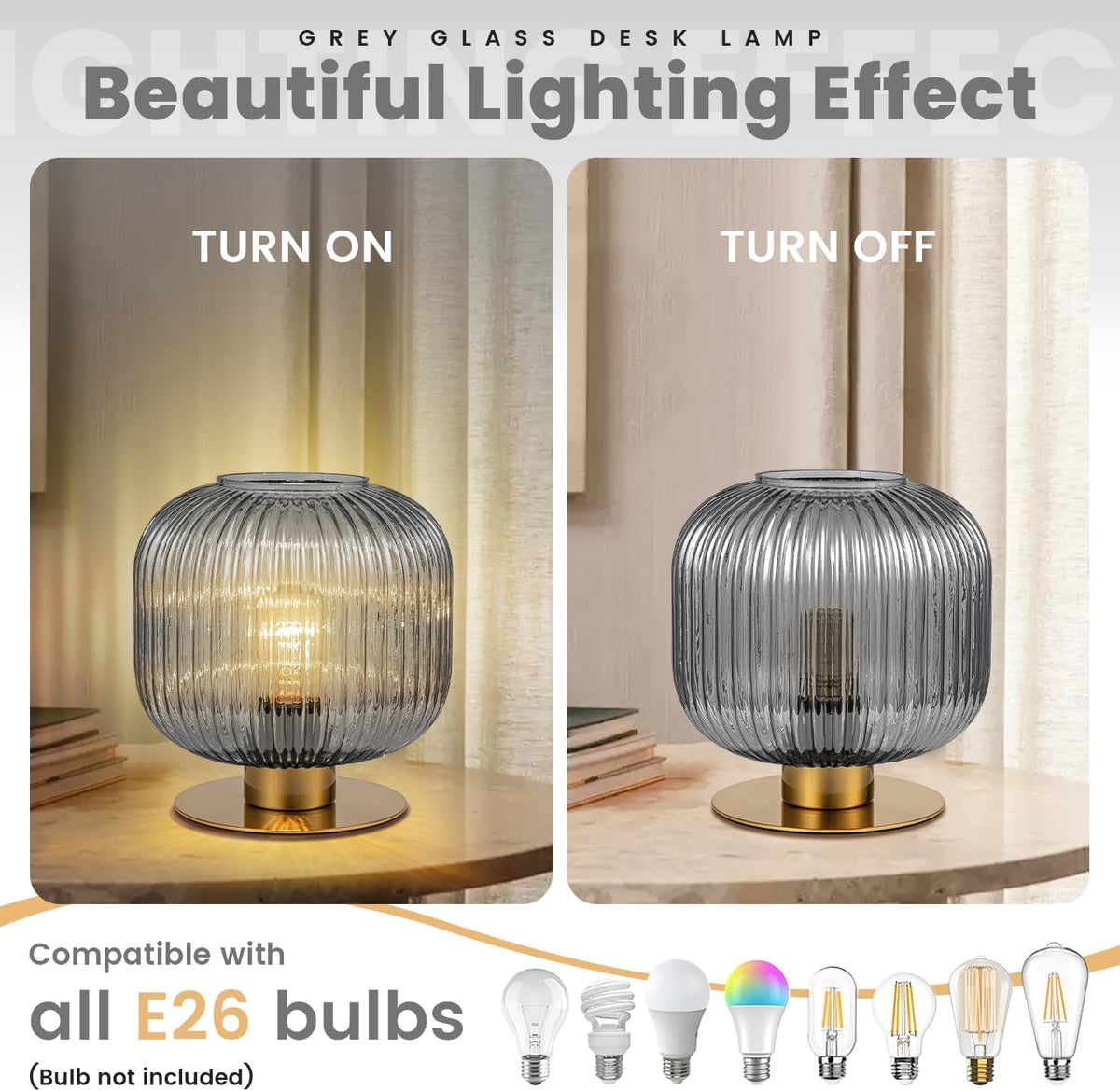 Gray Table Lamps Modern Table Lamp Smoky Glass Lamp Small Bedside Lamp Mid Century Living Room Globe Table Lamp Vintage Bedside Gold Lamp for Bedroom Nightstand