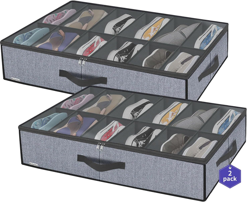 Onlyeasy Large Under Bed Shoe Organizer (6 to 12 Pairs x 2) - Underbed Shoes Closet Storage Solution with Metal Zipper and 2 Handles, Breathable, 29.3"x23.6"x5.9", Linen-like Grey, MXDUBSB2P